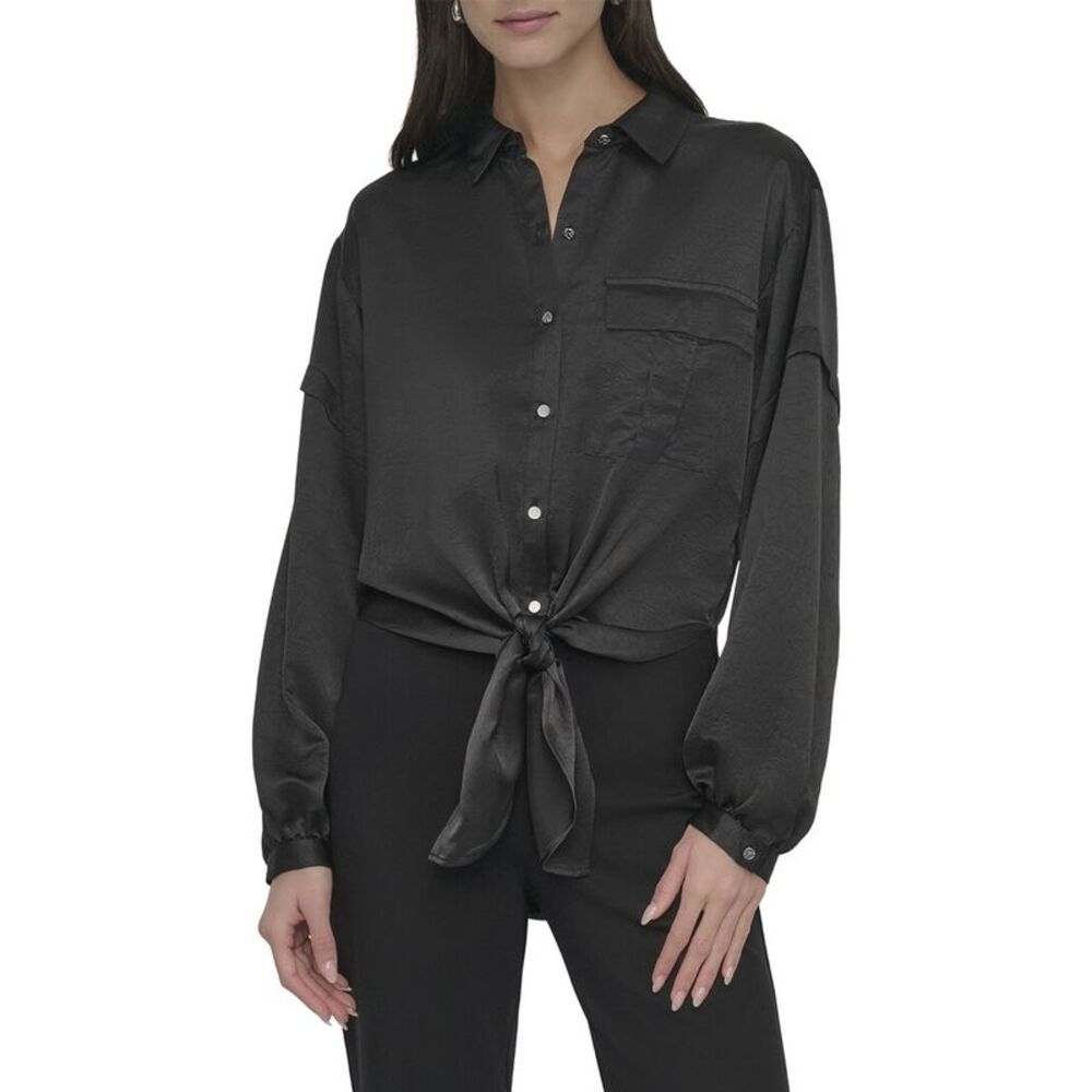 Dkny Womens Nail Crease Tie-Front Top, Black
